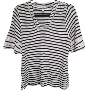 Chicos Womens Black/ White Striped Linen V-Neck Top Size 0 (S) Classic